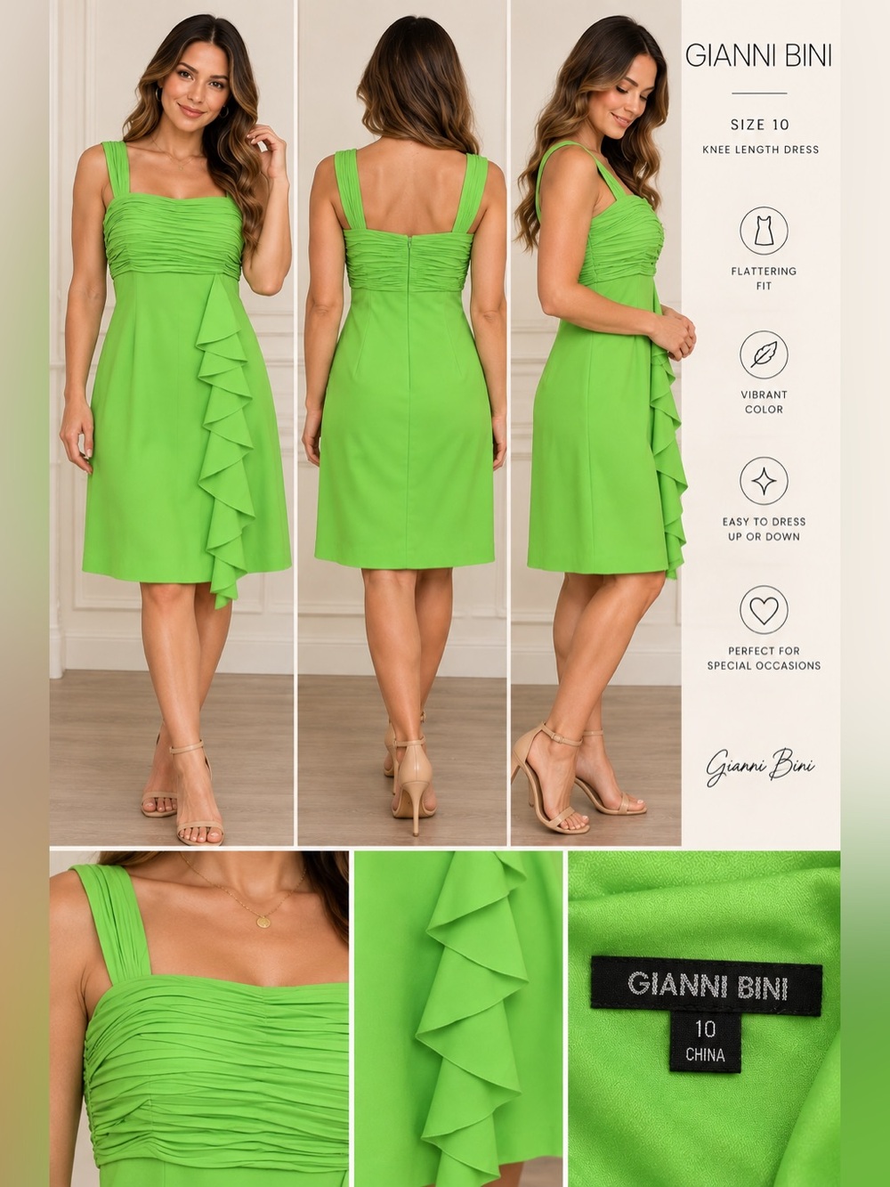 Gianni Bini Vibrant Lime Green Knee-Length Ruffle Dress